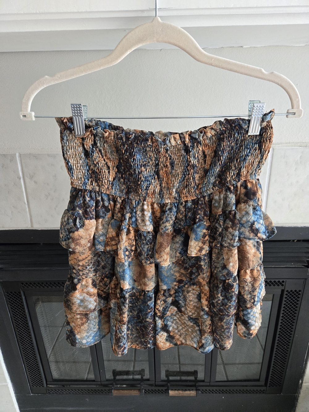 Olivaceous Blue and Brown Smocked Ruffled Skirt